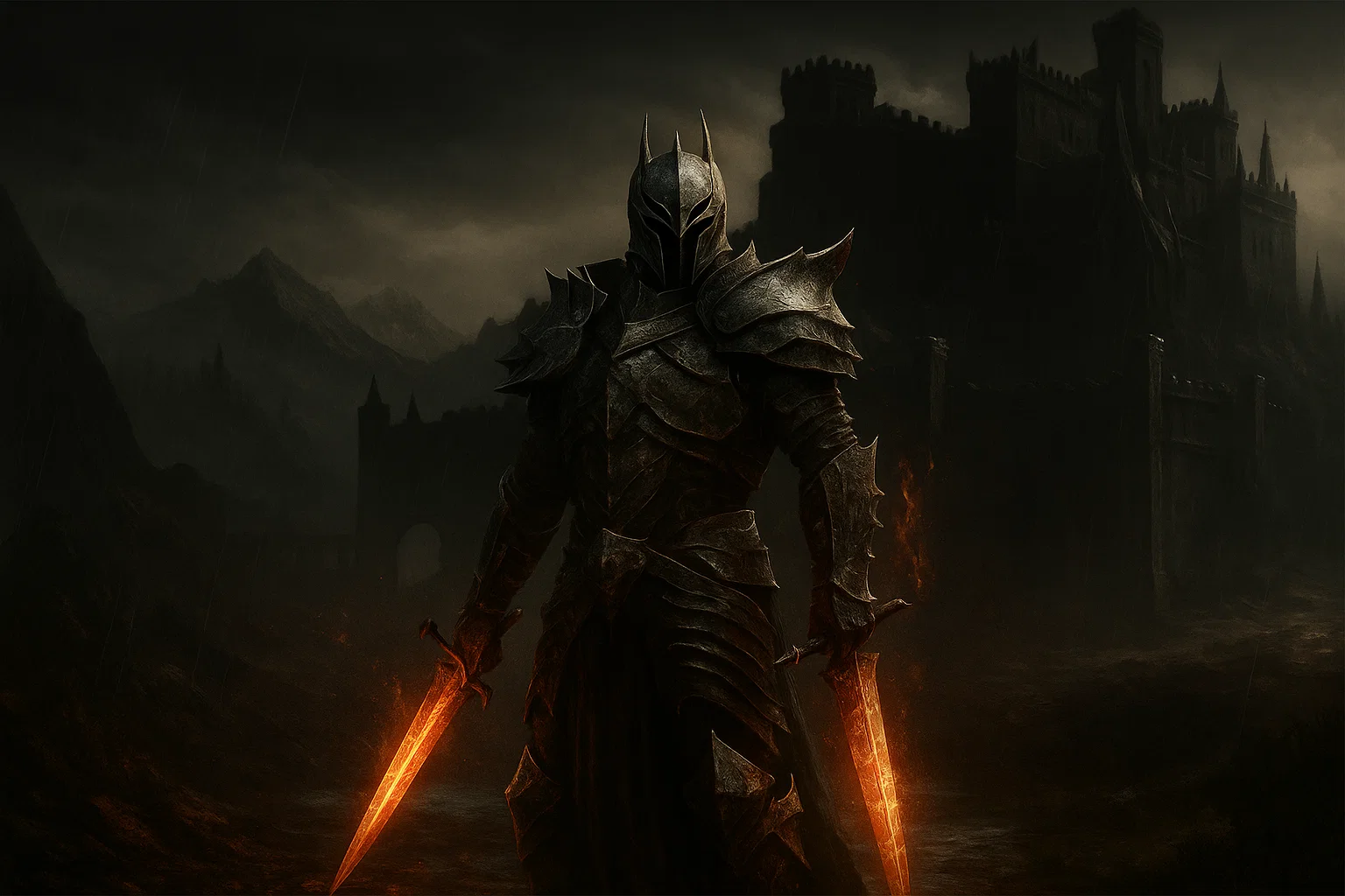 סצנת קרב אינטנסיבית: לוחמים בשריון כבד נלחמים במפלצות צל ענקיות בזירת קרב אפוקליפטית, חרבות וקסמים מאירים את הלילה