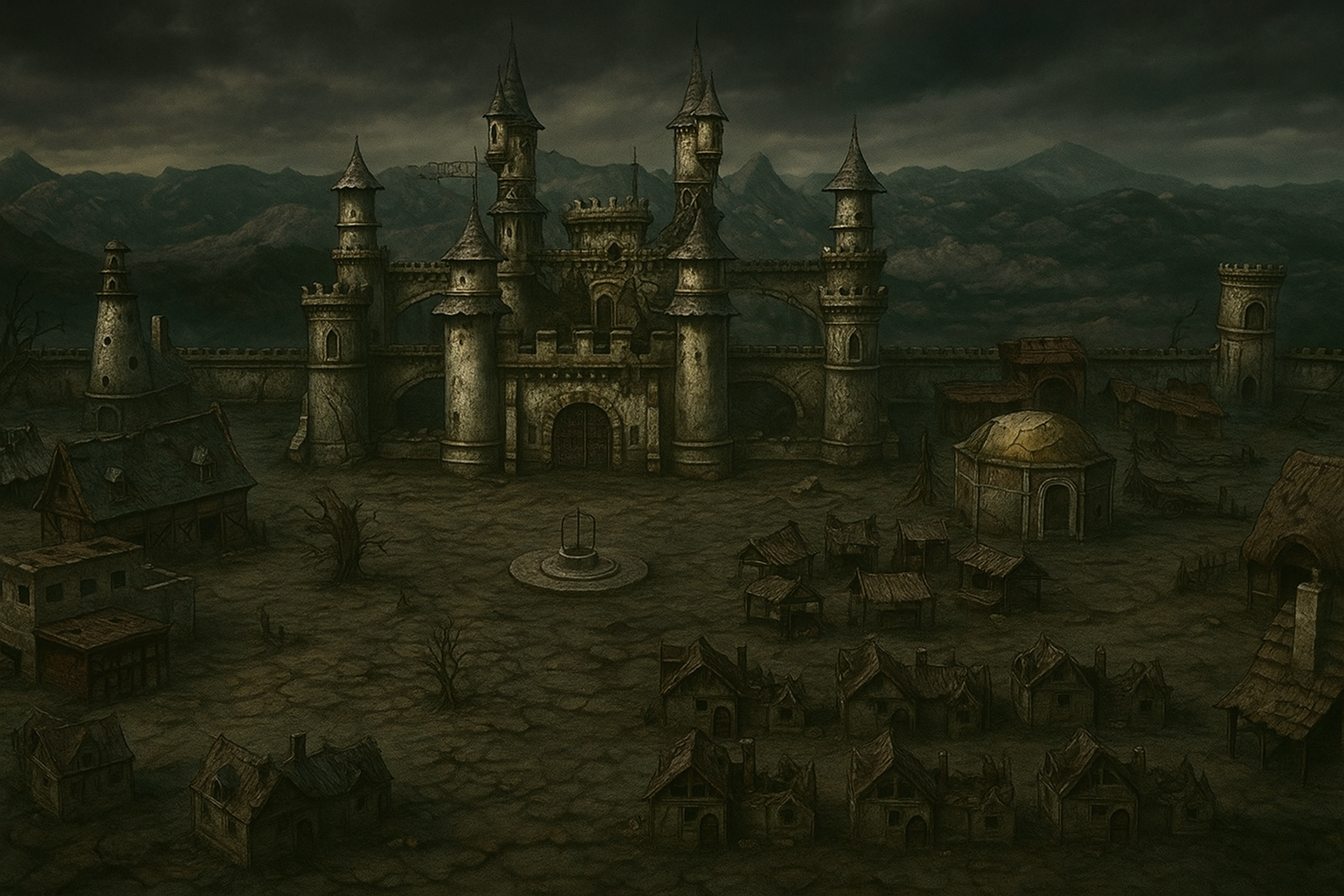 נוף אפוקליפטי של ממלכה נטושה: ארמונות הרוסים, שמיים אדומים עם עננים שחורים, ודמויות צל מסתוריות מסתובבות בין החורבות